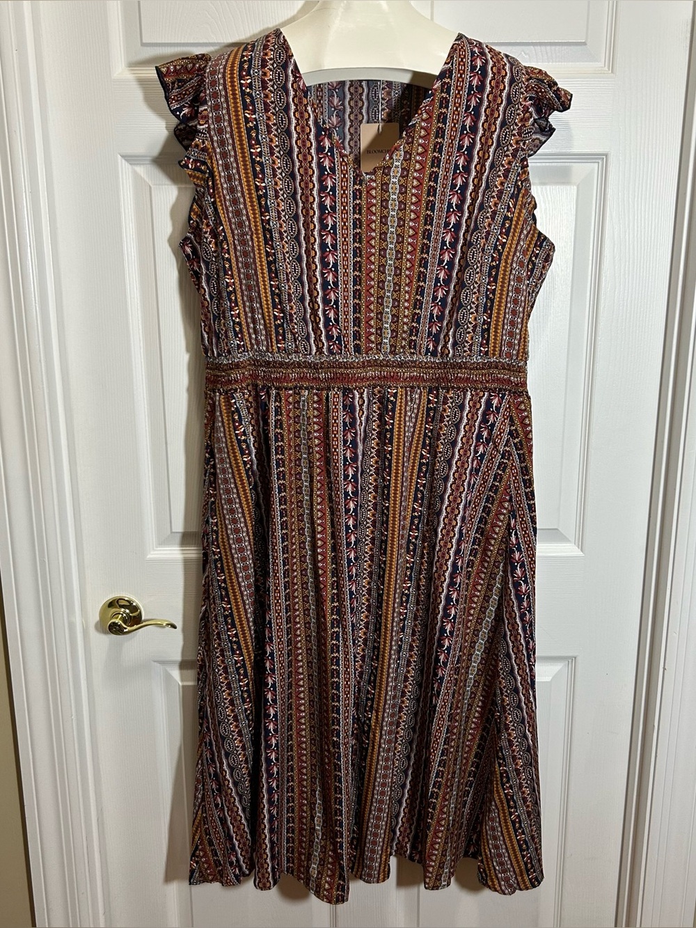 BloomChic Brown, Navy and Rust Striped Midi Dress